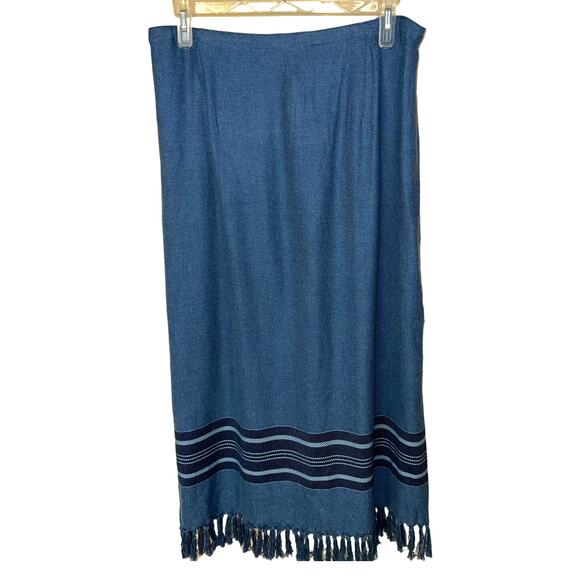 Long Midi 1X Blanket SKIRT Fringe Border Stripe Side Vent Pull-On Denim & Co QVC - Picture 1 of 8
